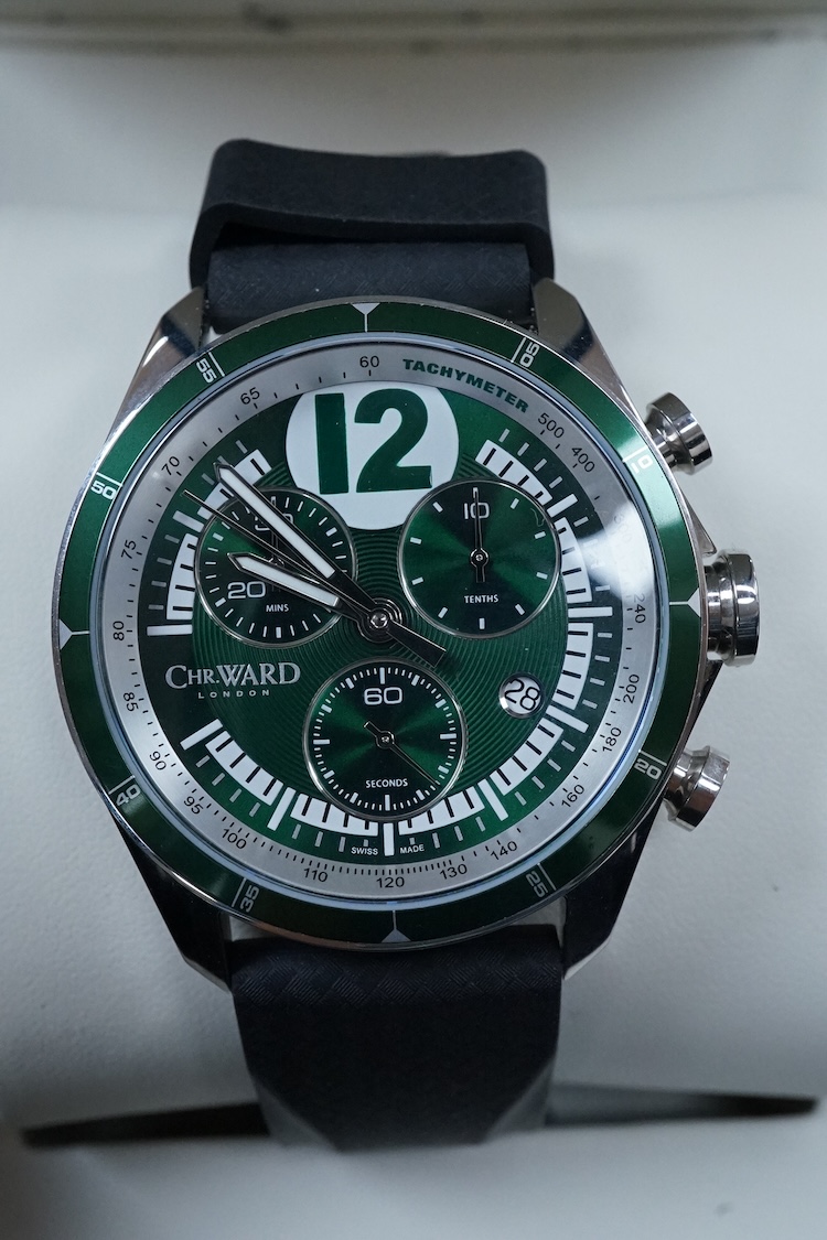 A boxed modern Christopher Ward of London stainless steel C70 Racing Green chronograph wrist watch, limited edition no.306/500, case diameter 42mm, on an Italian rubber strap with Christopher Ward buckle, with pamphlets.